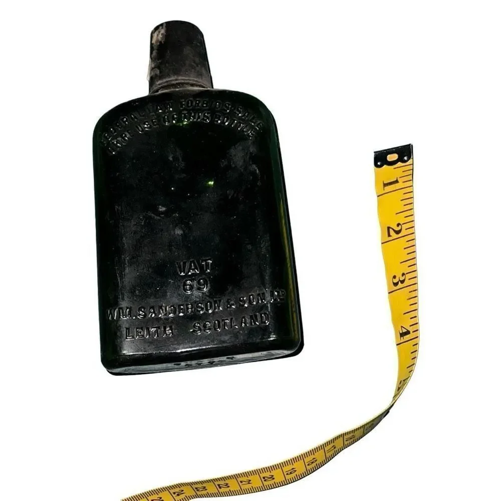 Antique Leith Scotland Black Glass Sanderson & Son Liquor Bottle Size 7” x 3.5”